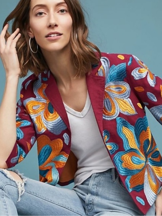 Anthropologie Jackets & Blazers - Anthropologie Maroon Floral Embroidered Blazer with Blue and Yellow Accents